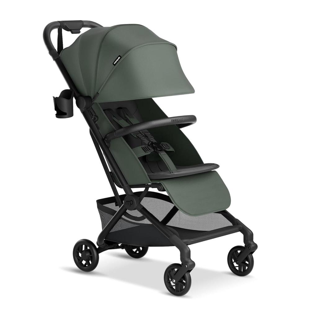 imageMompush Velo Lightweight Travel Stroller Compact ampamp AirplaneFriendly for Baby and Toddler LieFlat Seat OneHand Fold with Leather Bumper Bar Shoulder Strap Raincover Storage Bag ampamp Cup HolderAurora Green