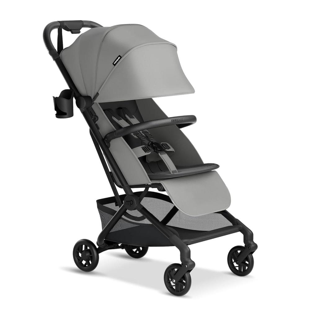 imageMompush Velo Lightweight Travel Stroller Compact ampamp AirplaneFriendly for Baby and Toddler LieFlat Seat OneHand Fold with Leather Bumper Bar Shoulder Strap Raincover Storage Bag ampamp Cup HolderStellar Gray