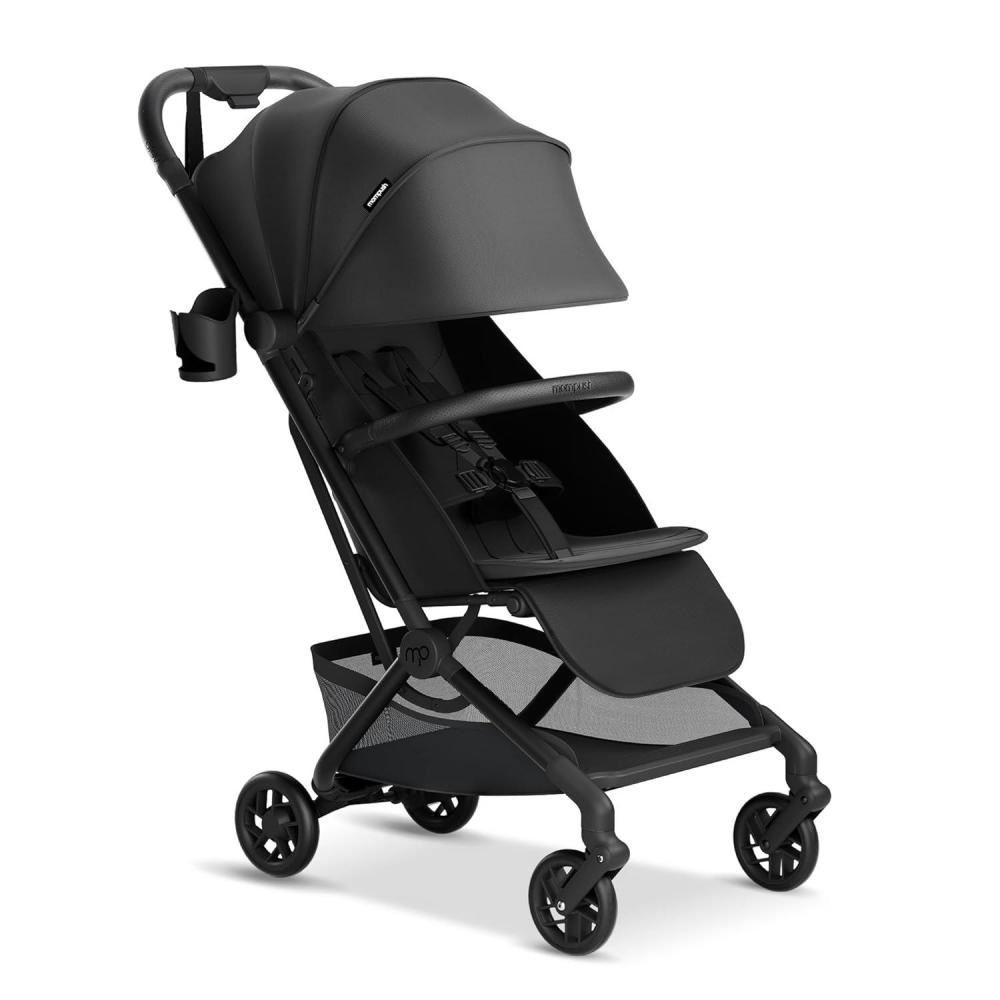 imageMompush Velo Lightweight Travel Stroller Compact ampamp AirplaneFriendly for Baby and Toddler LieFlat Seat OneHand Fold with Leather Bumper Bar Shoulder Strap Raincover Storage Bag ampamp Cup HolderCharcoal Black